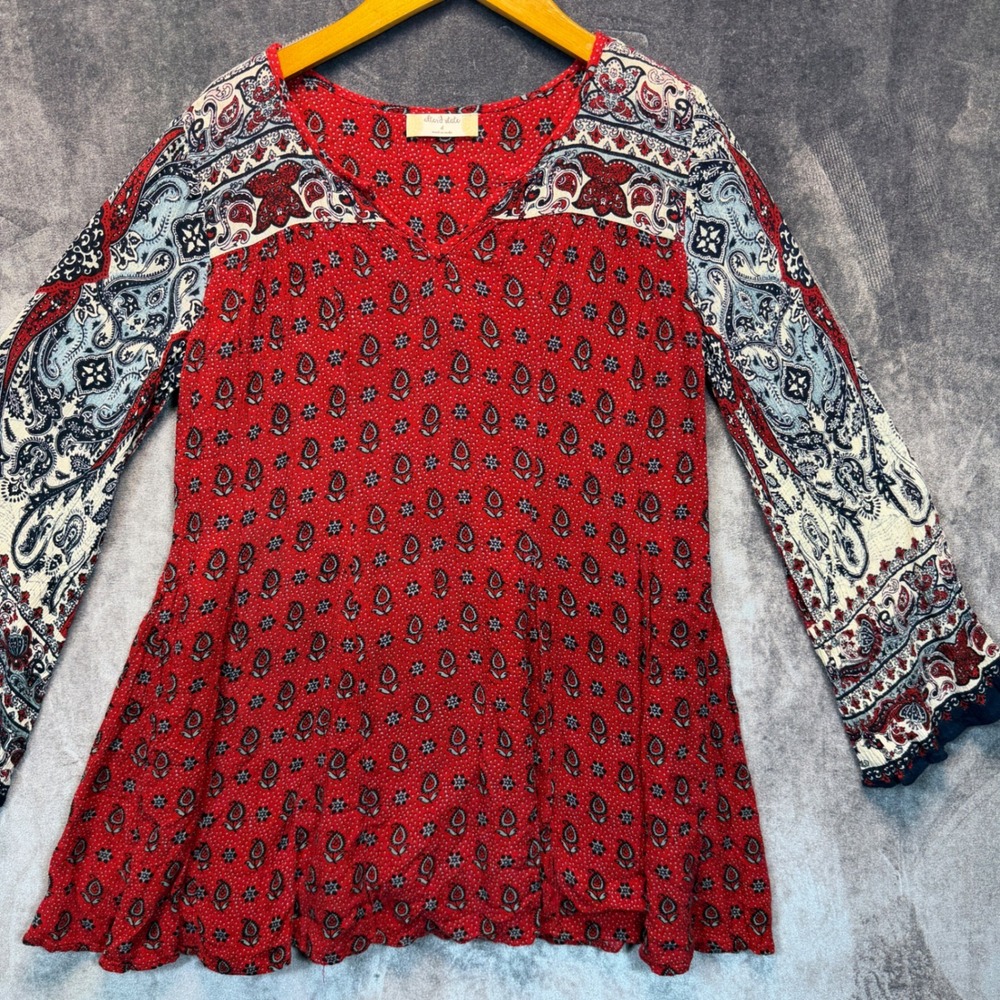 Altar'd State Tunic Womens S Red Rayon Paisley Floral V Neck Long Sleeve Boho